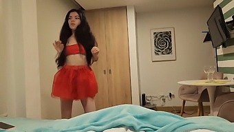 Stunning Lady In Red Skirt And Lingerie Desires Christmas Present Of Passionate Sex
